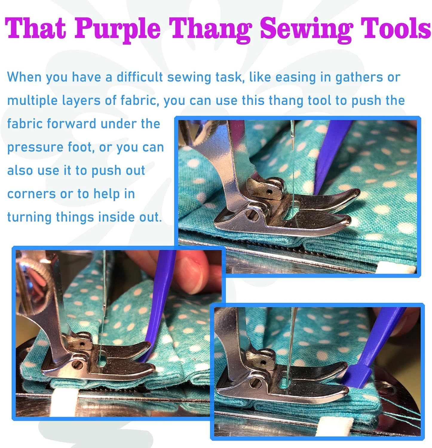 Purple turning tool at sewing machine presser foot for guiding and flipping fabric