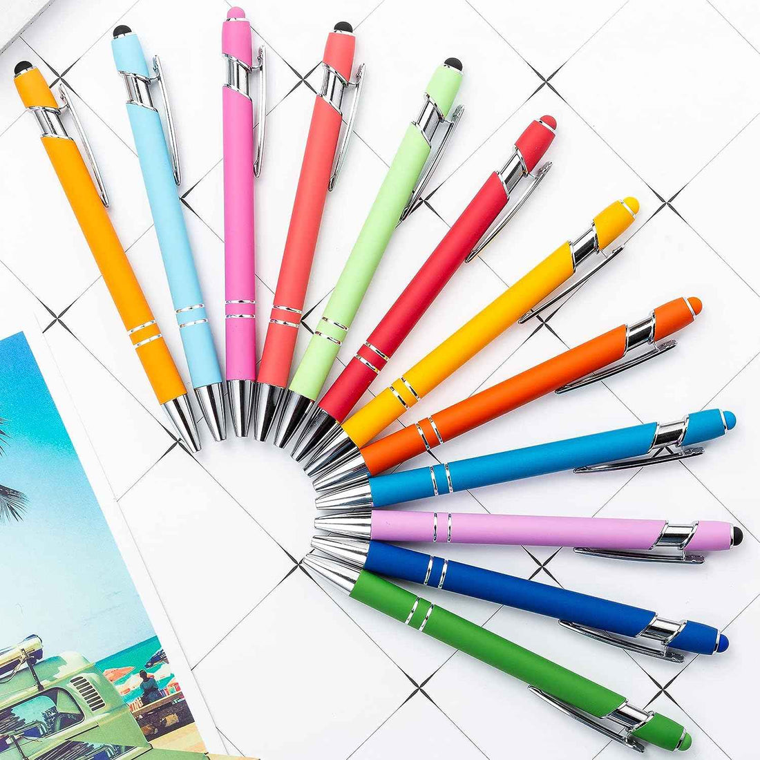 12 Pack Rainbow Rubberized Soft Touch Ballpoint Pen with Stylus Tip 12 Pcs Stylus Pens-1