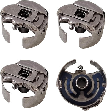 Standard metal bobbin case, gray finish with latch and thread slot opening