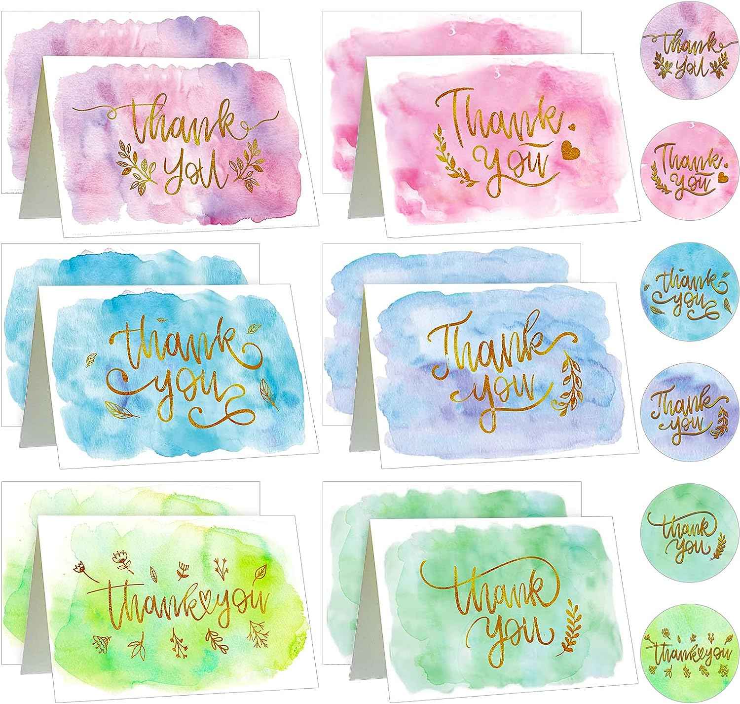 72 Pieces Watercolor Thank You Cards with Envelopes and Stickers Set Cute Style