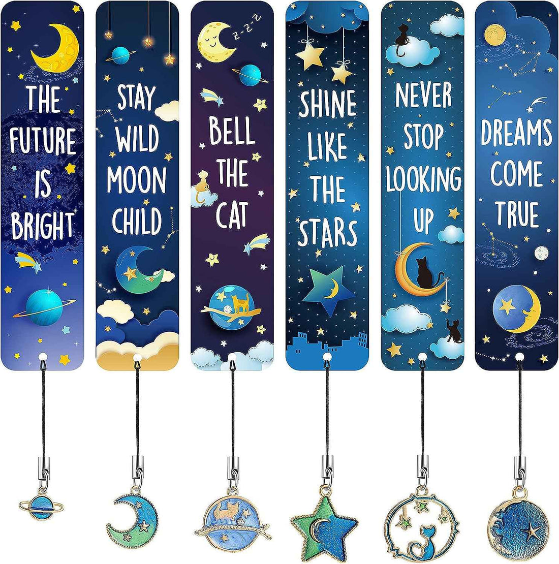 12Pcs Cat Moon Star Space Bookmarks with Metal Charms