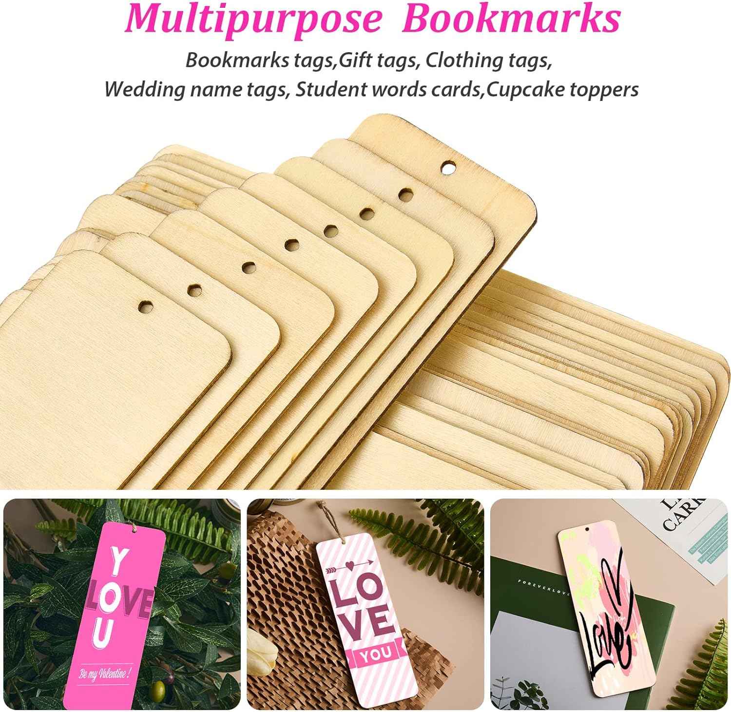36 Unfinished Wood Blank Bookmarks Hanging Tags with Holes and Ropes 6 x 2 Inch