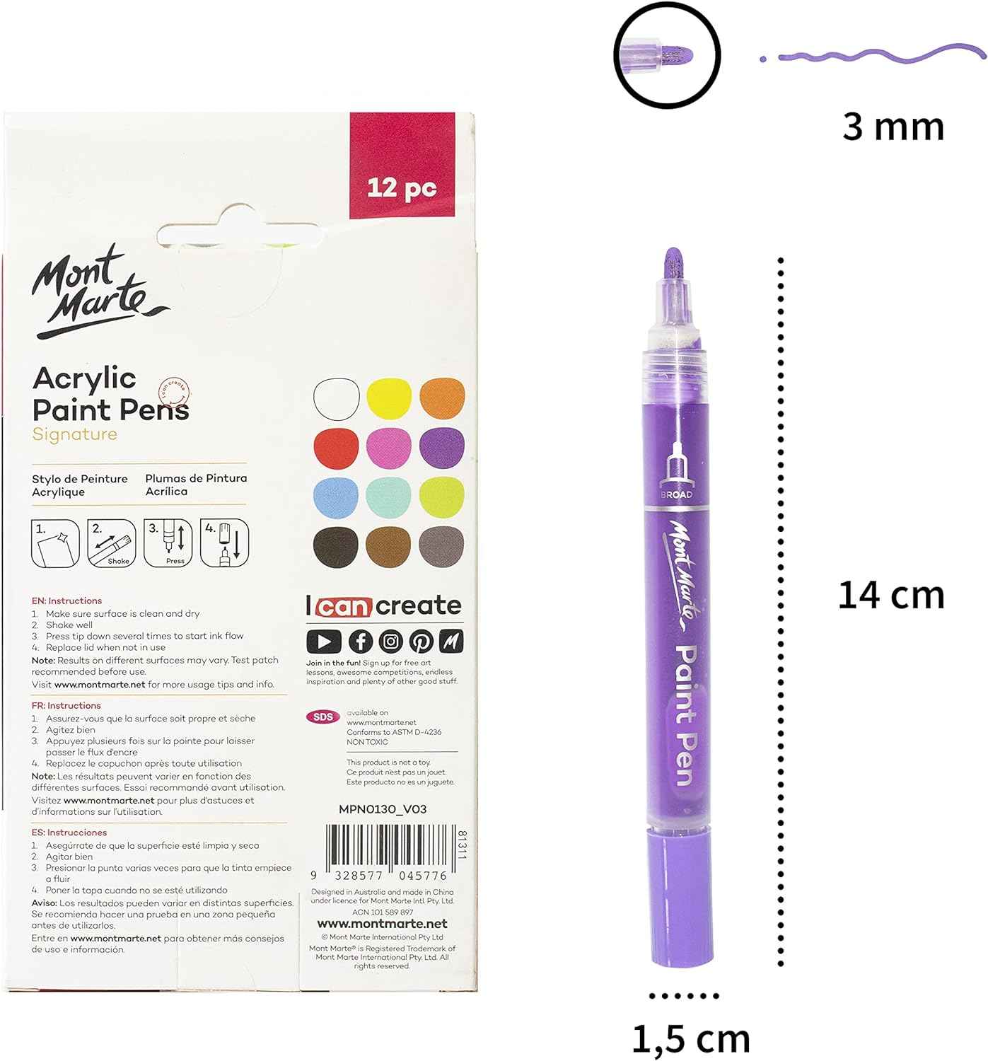 Mont Marte Signature Acrylic Paint Pens,12 Piece,Round Tip (3mm)