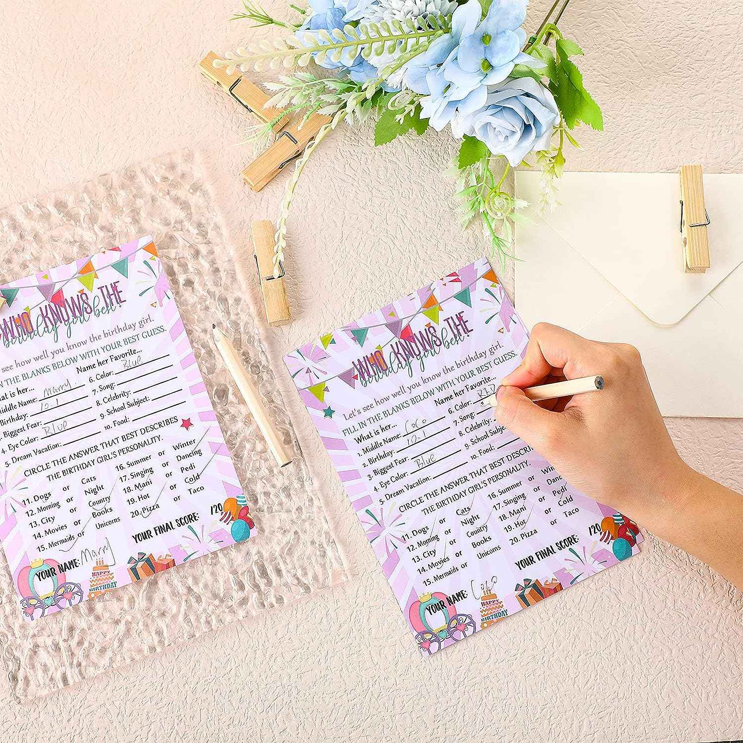 50 Pcs Birthday Party Activity Game Card Set with 20 Pcs Wood Pencils