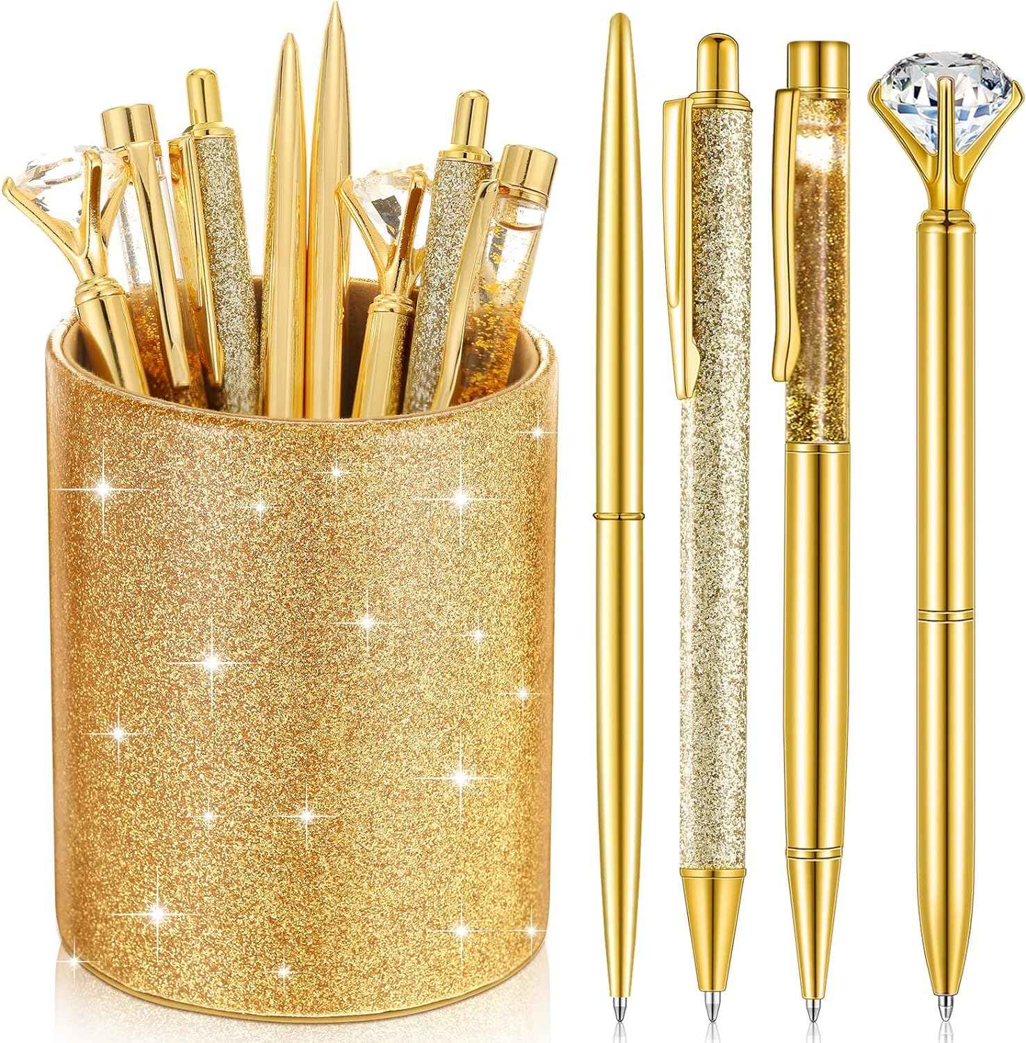 8Pcs Crystal Glitter Ballpoint Pens with Pen Holder for Desk Organizer Gold