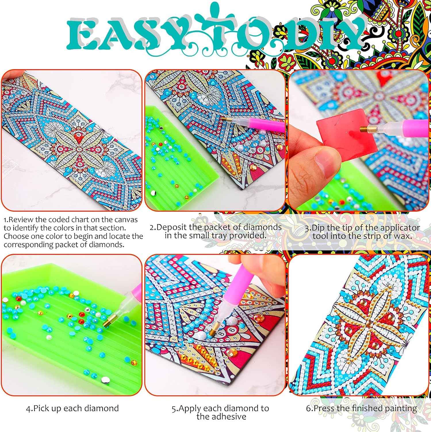 8 Pieces 5D Diamond Painting Bookmarks Floral Rhinestone with Tassels