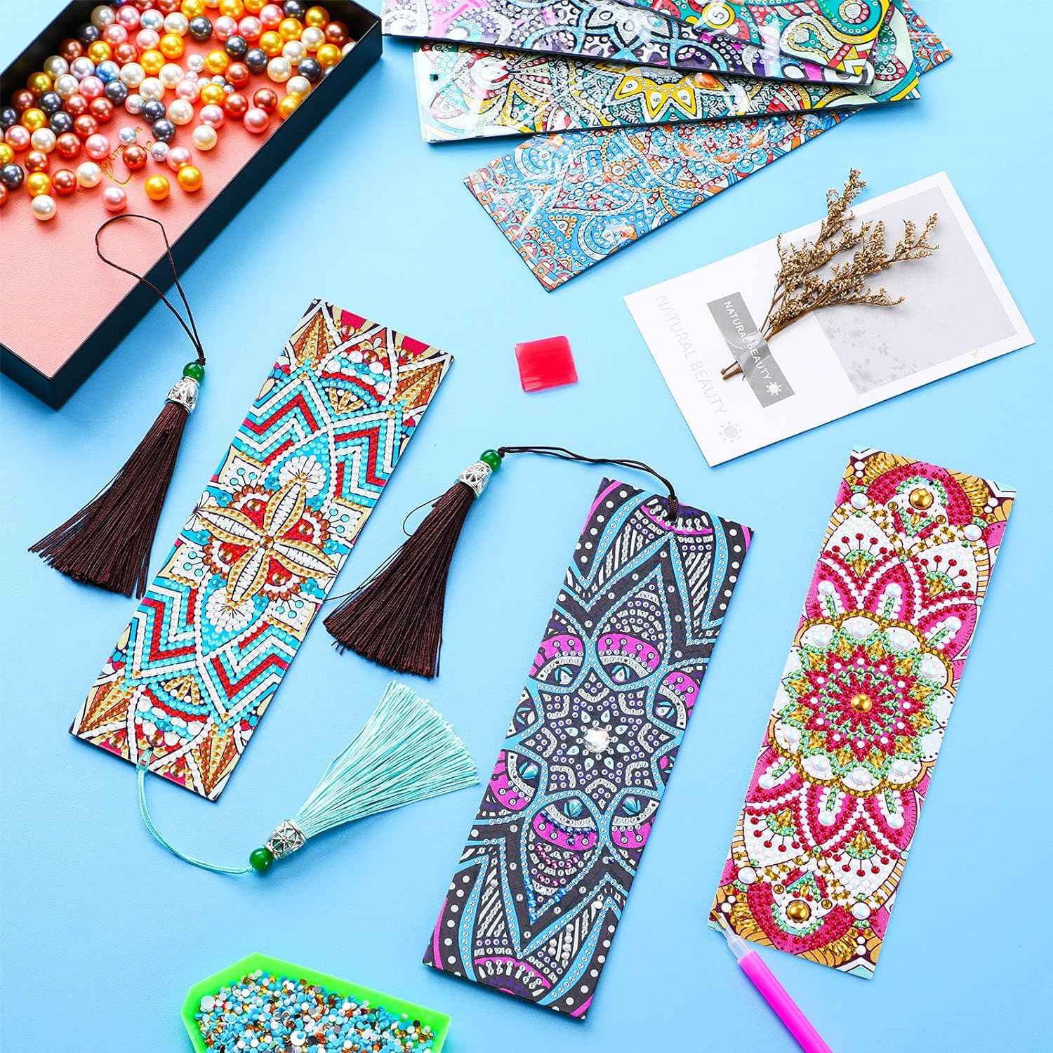 8 Pieces 5D Diamond Painting Bookmarks Floral Rhinestone with Tassels