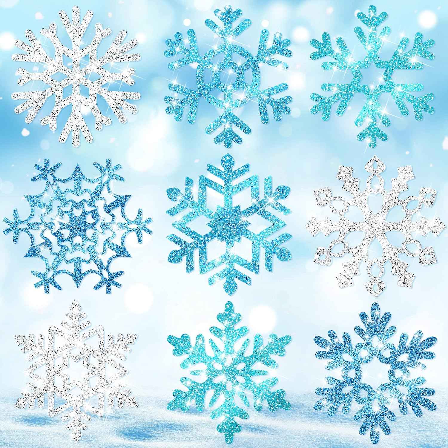 45pcs Winter Christmas Snowflake Paper Cutouts with Glue Point Dots Blue