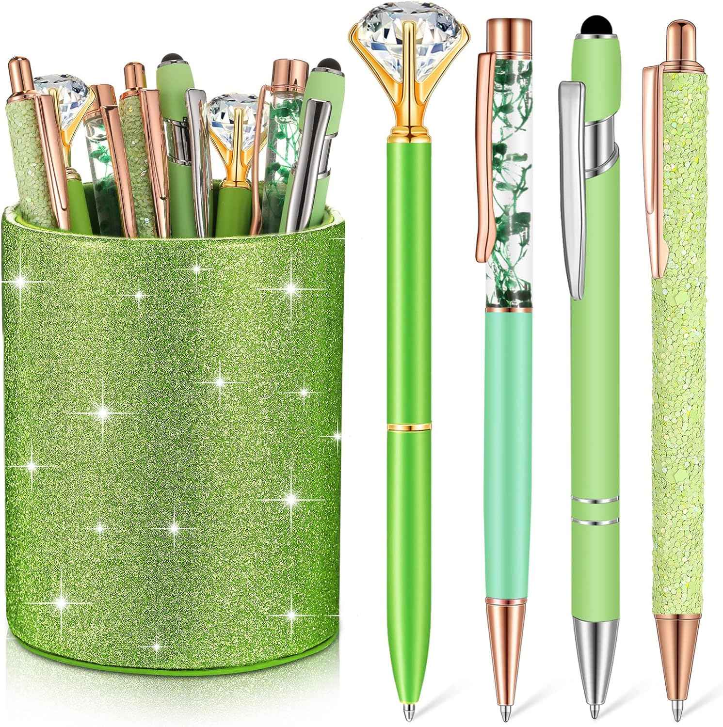 8Pcs Crystal Glitter Ballpoint Pens with Pen Holder for Desk Organizer Green