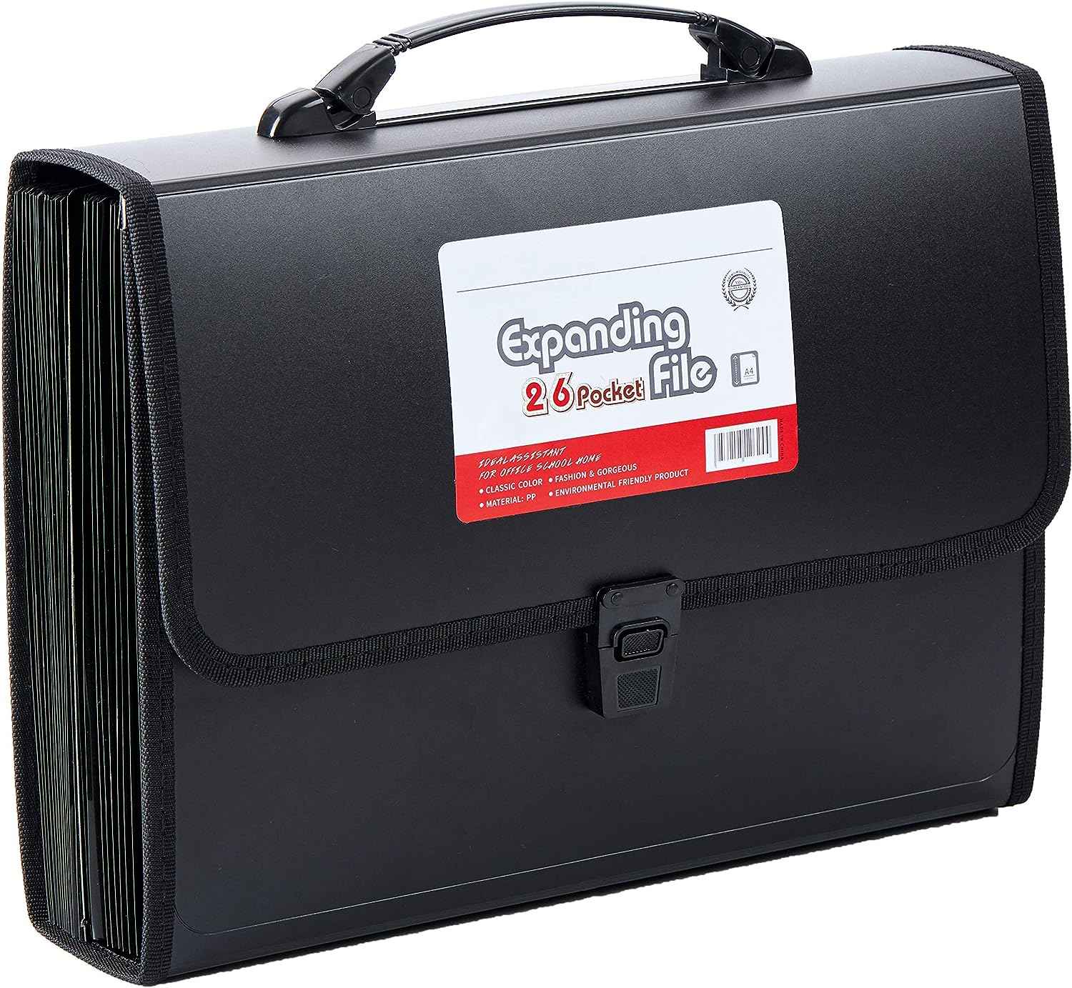 26 Pockets Expanding File Folder with Handle - Letter A4 Paper Black