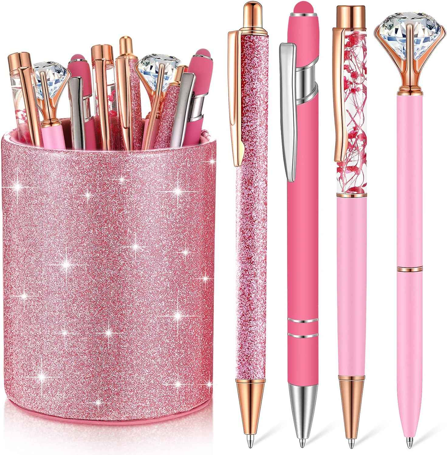 8Pcs Crystal Glitter Ballpoint Pens with Pen Holder for Desk Organizer Pink