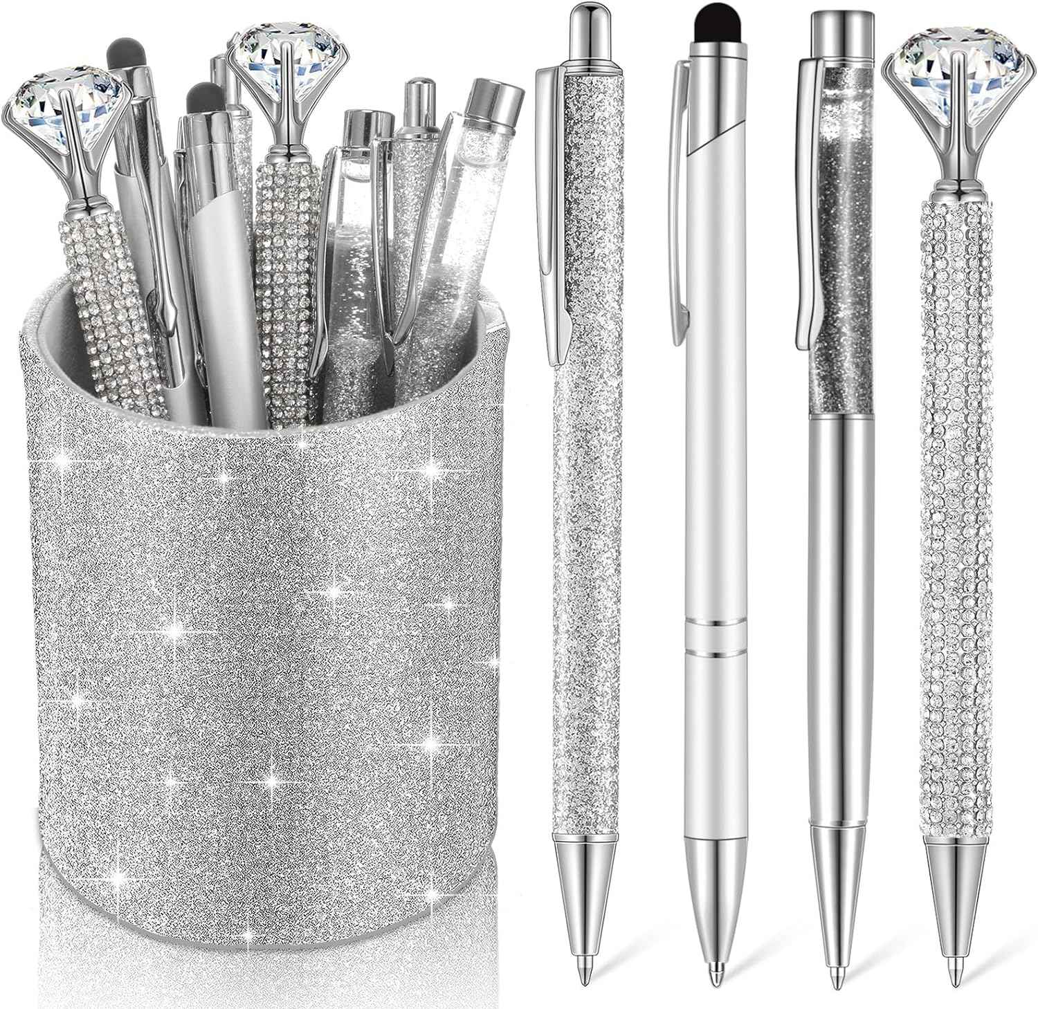8Pcs Crystal Glitter Ballpoint Pens with Pen Holder for Desk Organizer Silver