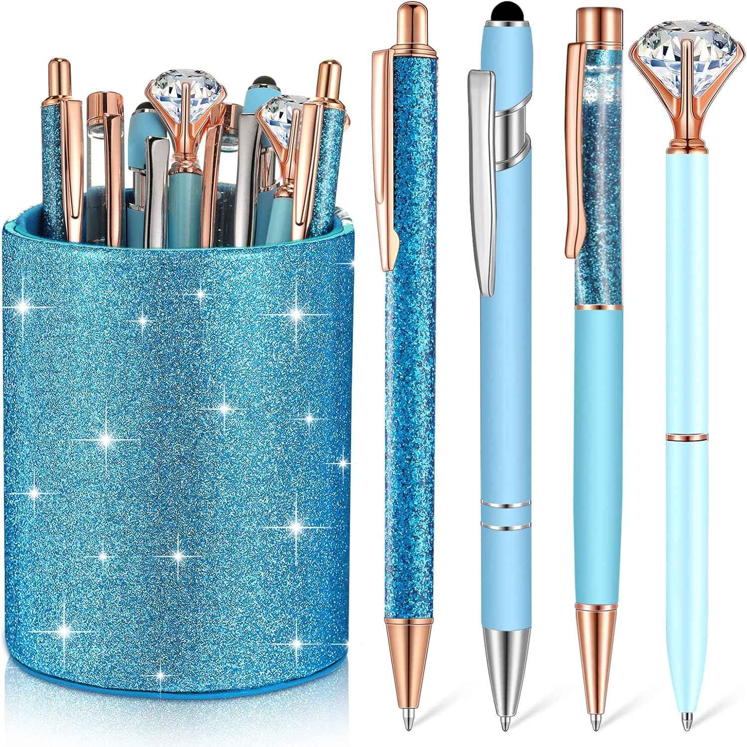 8Pcs Crystal Glitter Ballpoint Pens with Pen Holder for Desk Organizer Blue