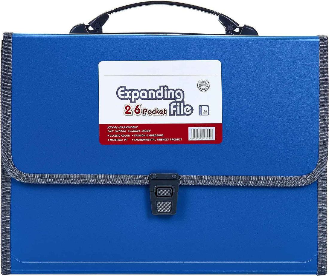 26 Pockets Expanding File Folder with Handle - Letter A4 Paper Blue