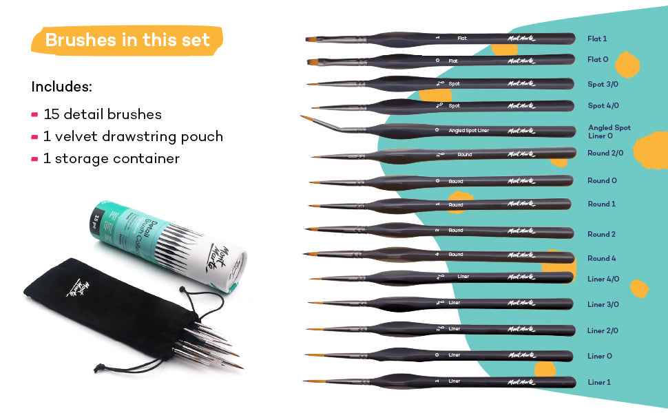 Mont Marte Signature Detail Brush Collection,15 Piece,Taklon Bristles