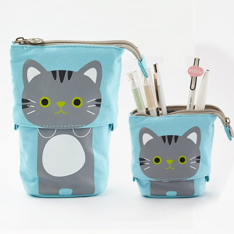 Angoo Cute Cat Stand-Up Pencil Case Portable Stationery Storage Blue