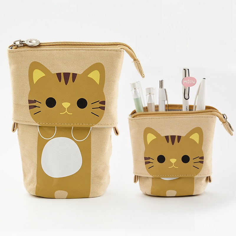 Angoo Cute Cat Stand-Up Pencil Case Portable Stationery Storage Khaki