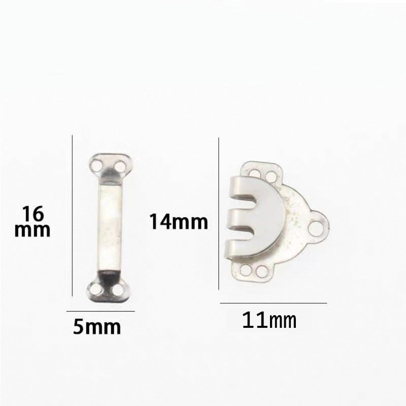 Trouser hook dimensions: 16 mm bar (5 mm wide); 14 mm receiver with 11 mm base