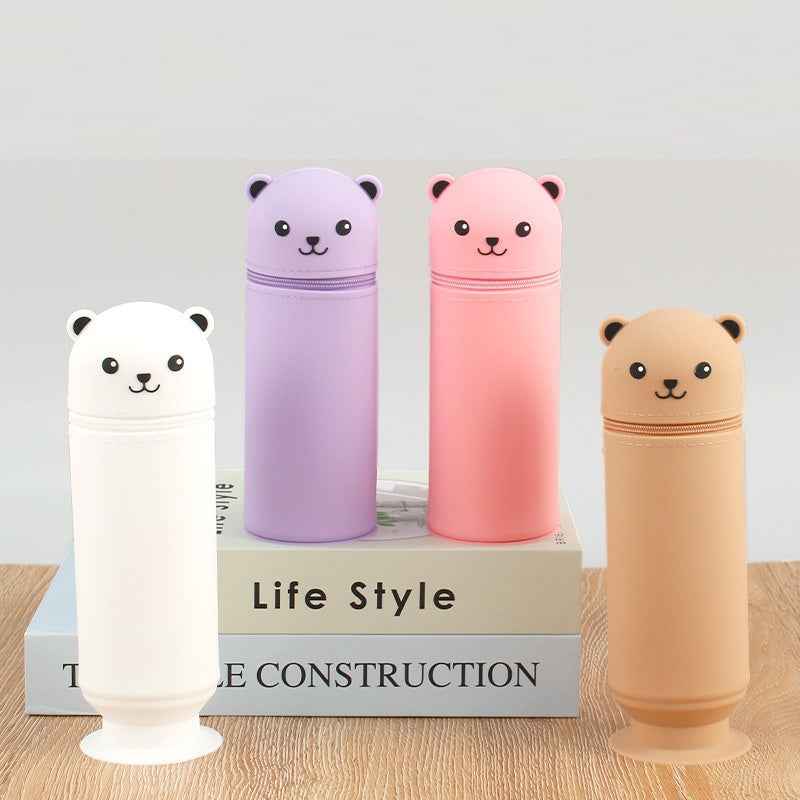 Cartoon Bear Silicone Pencil Case Pen Holder with Suction Cup Stand-Up