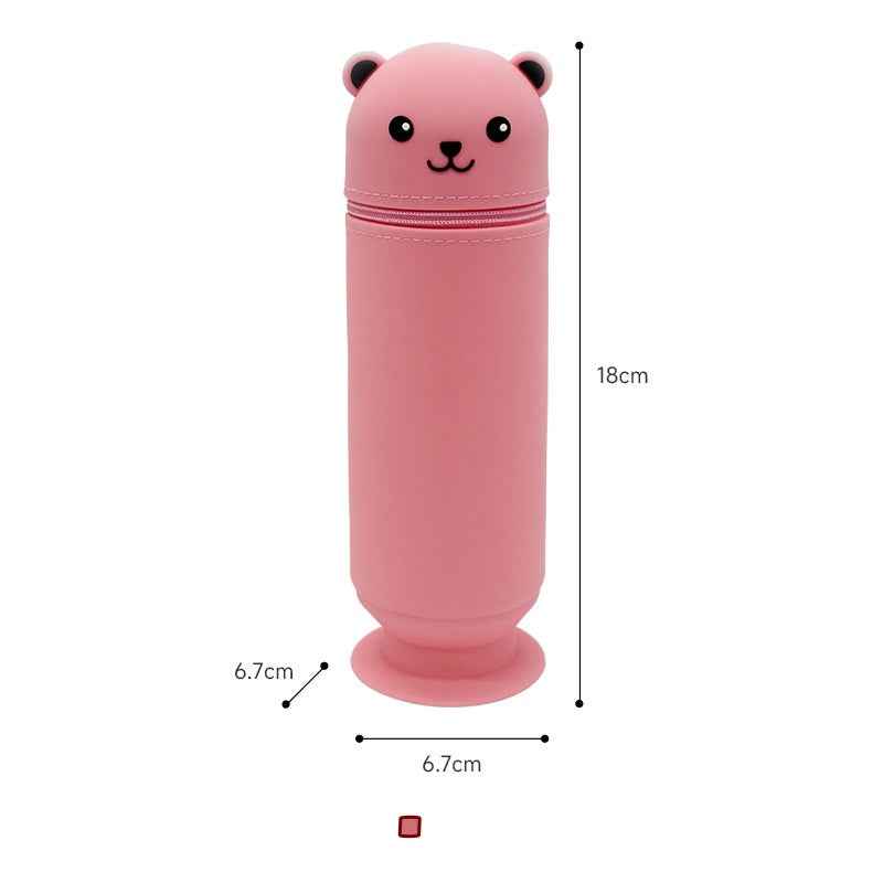Cartoon Bear Silicone Pencil Case Pen Holder with Suction Cup Stand-Up Pink