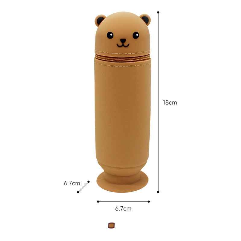 Cartoon Bear Silicone Pencil Case Pen Holder with Suction Cup Stand-Up Brown