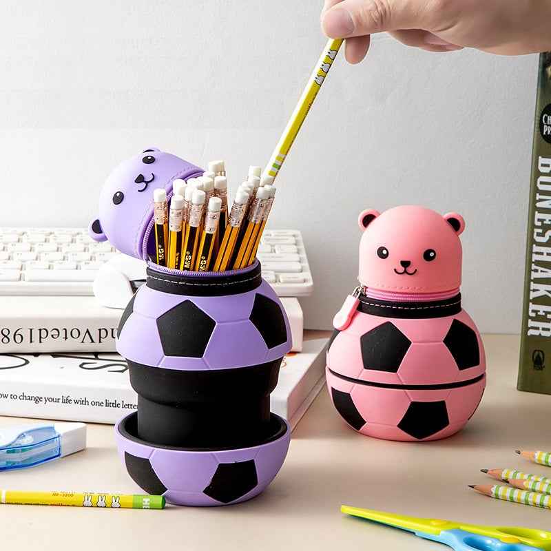 Cute Cartoon Bear Soccer Ball Silicone Pen Holder
