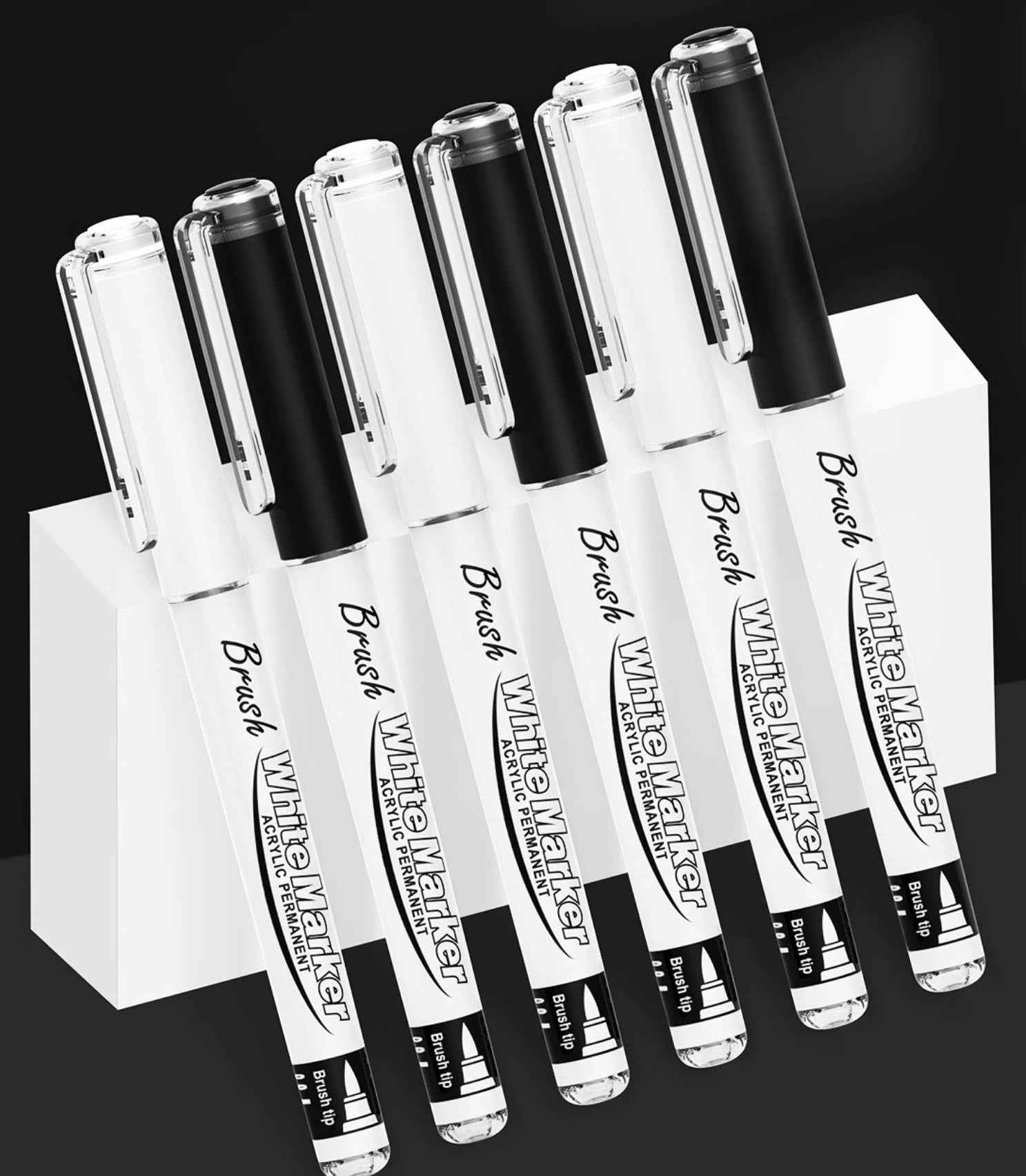 Black & White Brush Tip Acrylic Paint Marker Pen Set, 6 Pack
