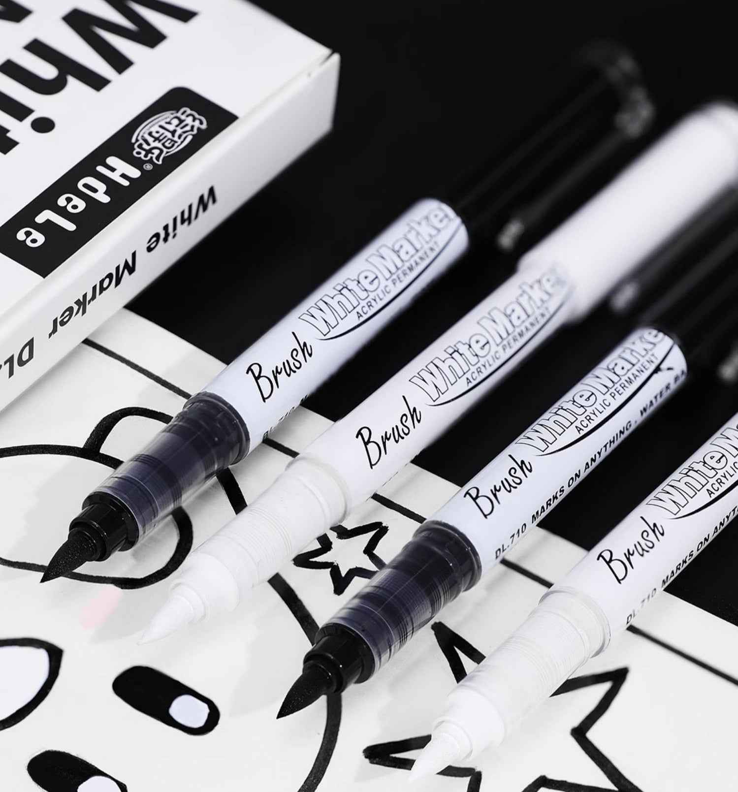 Black & White Brush Tip Acrylic Paint Marker Pen Set, 6 Pack
