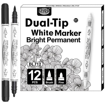 12 Pack Black White Brush and Fine Dual-Tip Acrylic Paint Markers 12pcs Black