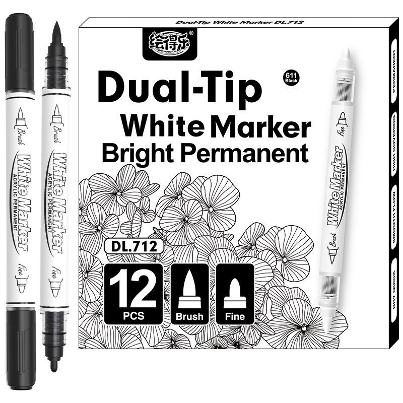 12 Pack Black White Brush and Fine Dual-Tip Acrylic Paint Markers 12pcs Black