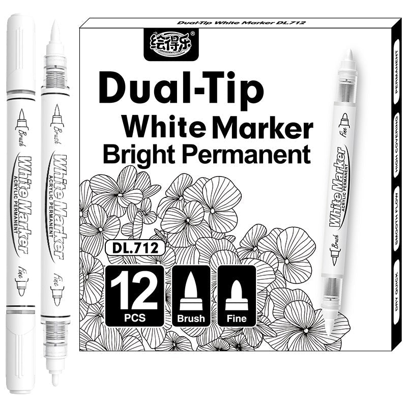 12 Pack Black White Brush and Fine Dual-Tip Acrylic Paint Markers 12pcs Black