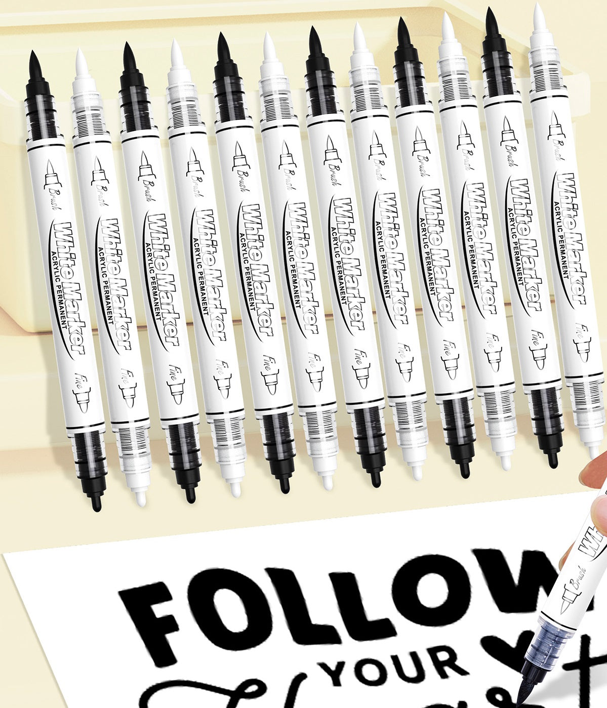 12 Pack Black White Brush and Fine Dual-Tip Acrylic Paint Markers 6pcs Black + 6pcs White