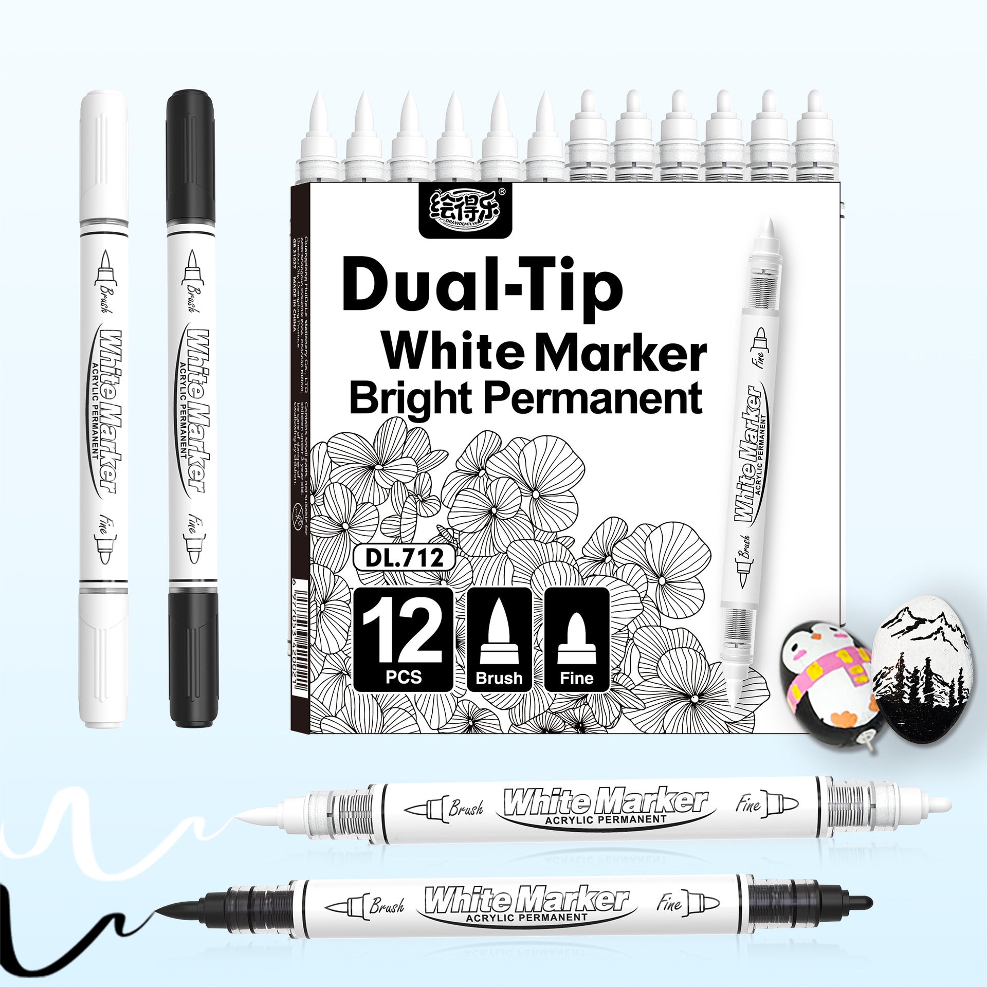 12 Pack Black White Brush and Fine Dual-Tip Acrylic Paint Markers