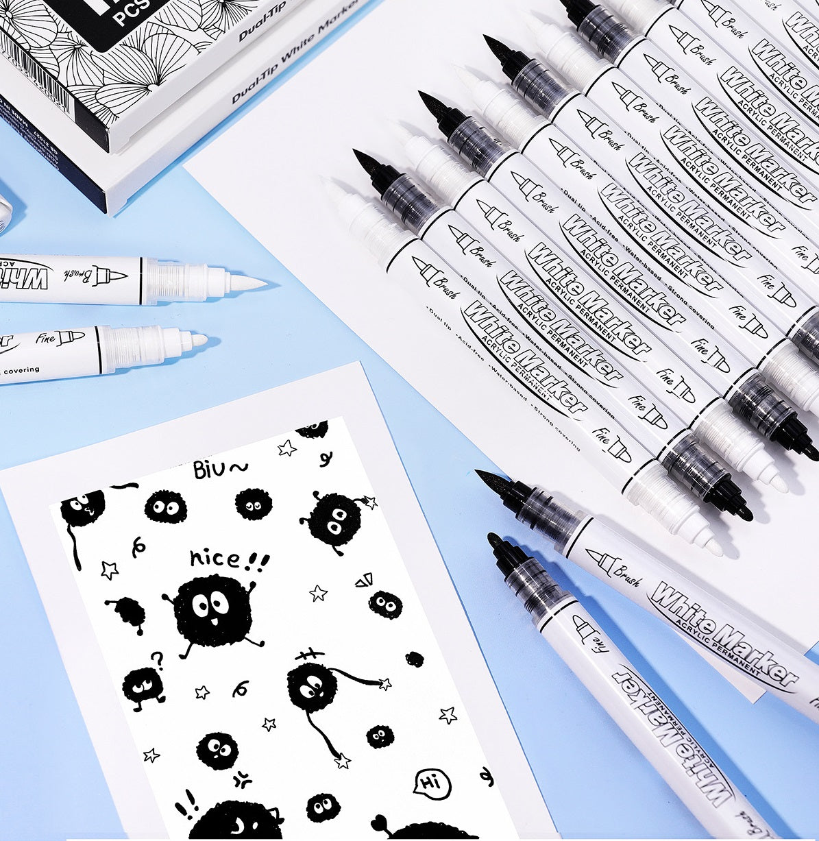 12 Pack Black White Brush and Fine Dual-Tip Acrylic Paint Markers