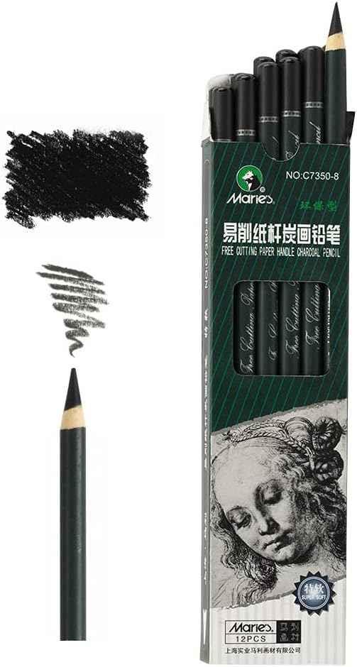 Marie's 12 Artist Soft Black Paper Handle Charcoal Pencils for Drawing Sketching Extra Soft