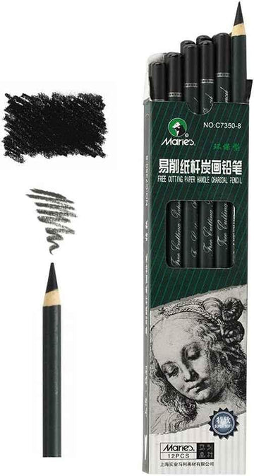 Marie's 12 Artist Soft Black Paper Handle Charcoal Pencils for Drawing Sketching Extra Soft