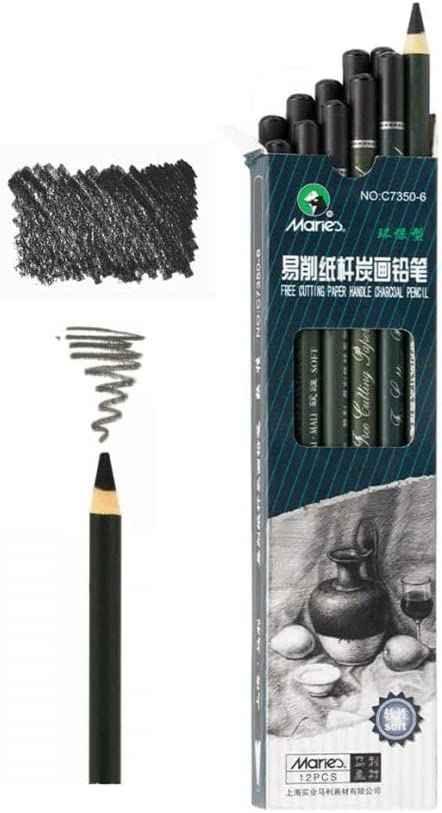 Marie's 12 Artist Soft Black Paper Handle Charcoal Pencils for Drawing Sketching Extra Soft