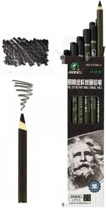 Marie's 12 Artist Soft Black Paper Handle Charcoal Pencils for Drawing Sketching Medium Soft