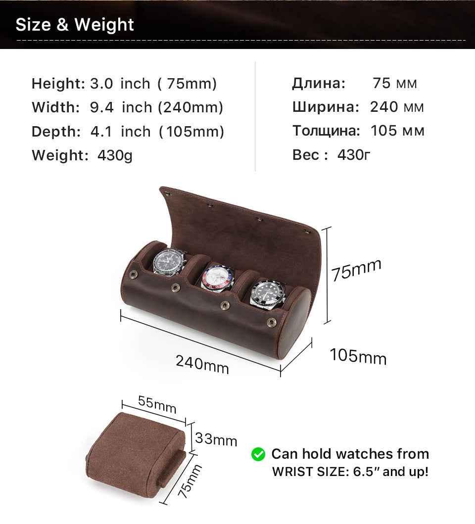 Leather Watch Roll Up Case 3 Slots Storage Box