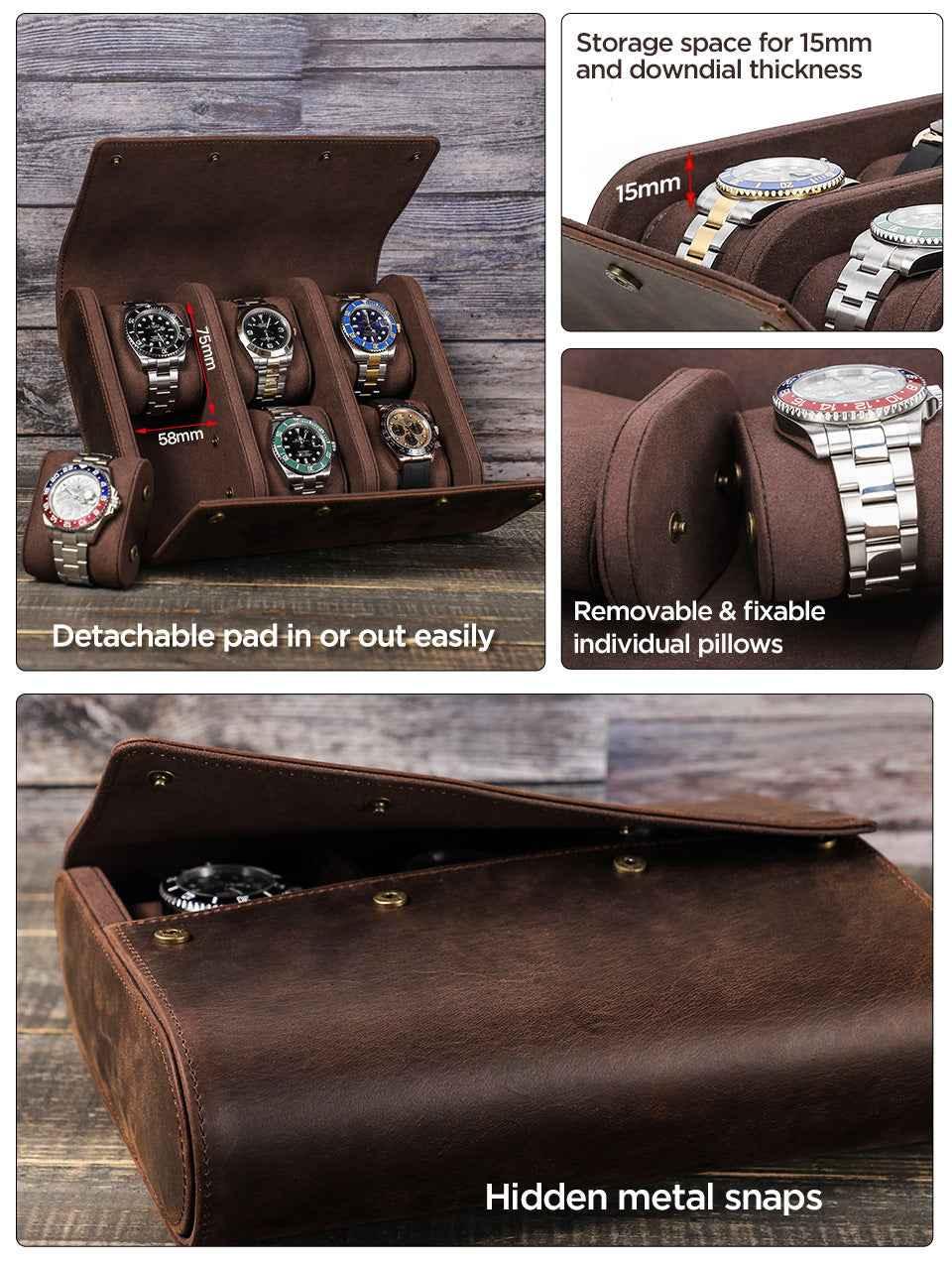 Leather Watch Roll Case 6 Slots Storage Box