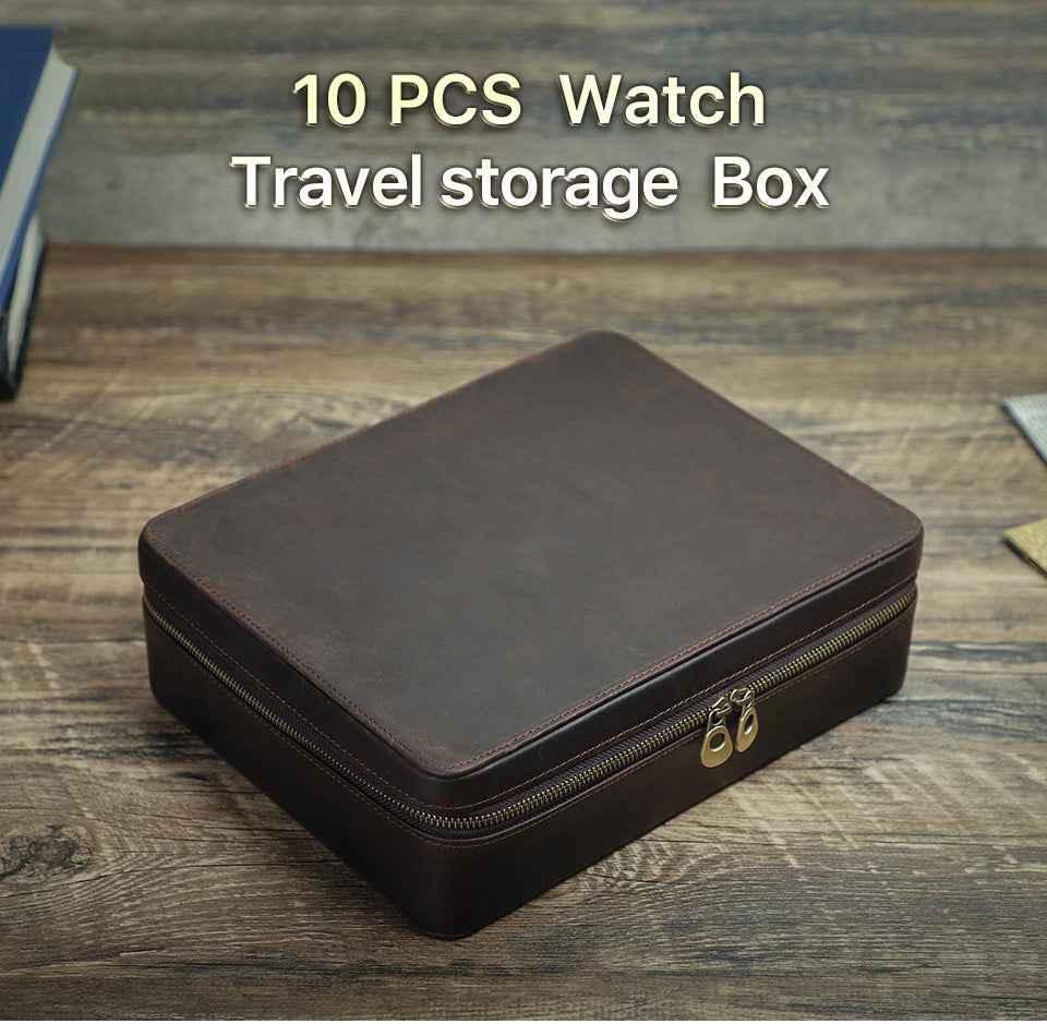 Leather 10 Slots Watch Case Zippered Storage Box for Travel Display