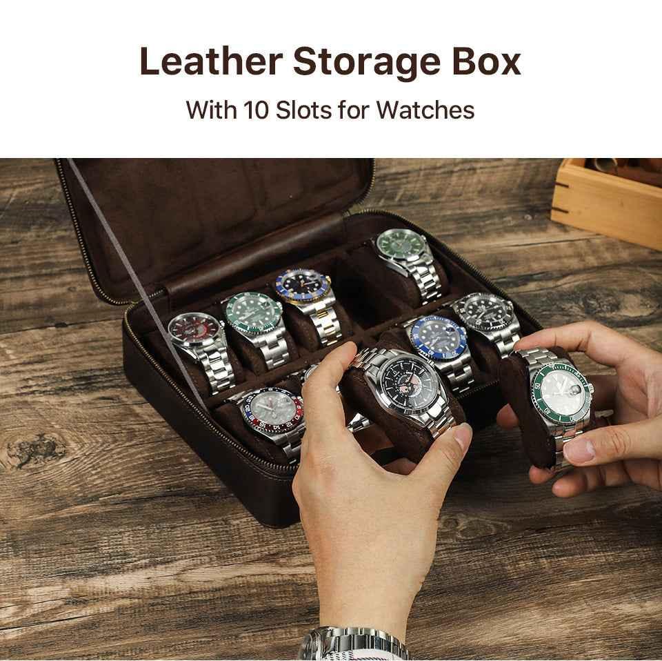 Leather 10 Slots Watch Case Zippered Storage Box for Travel Display