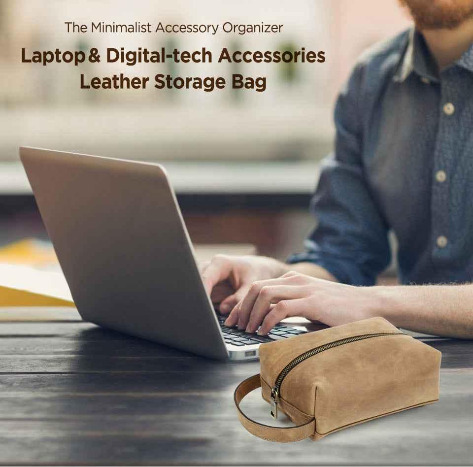 Leather Electronic Accessories Organizer Storage Bag Case Khaki