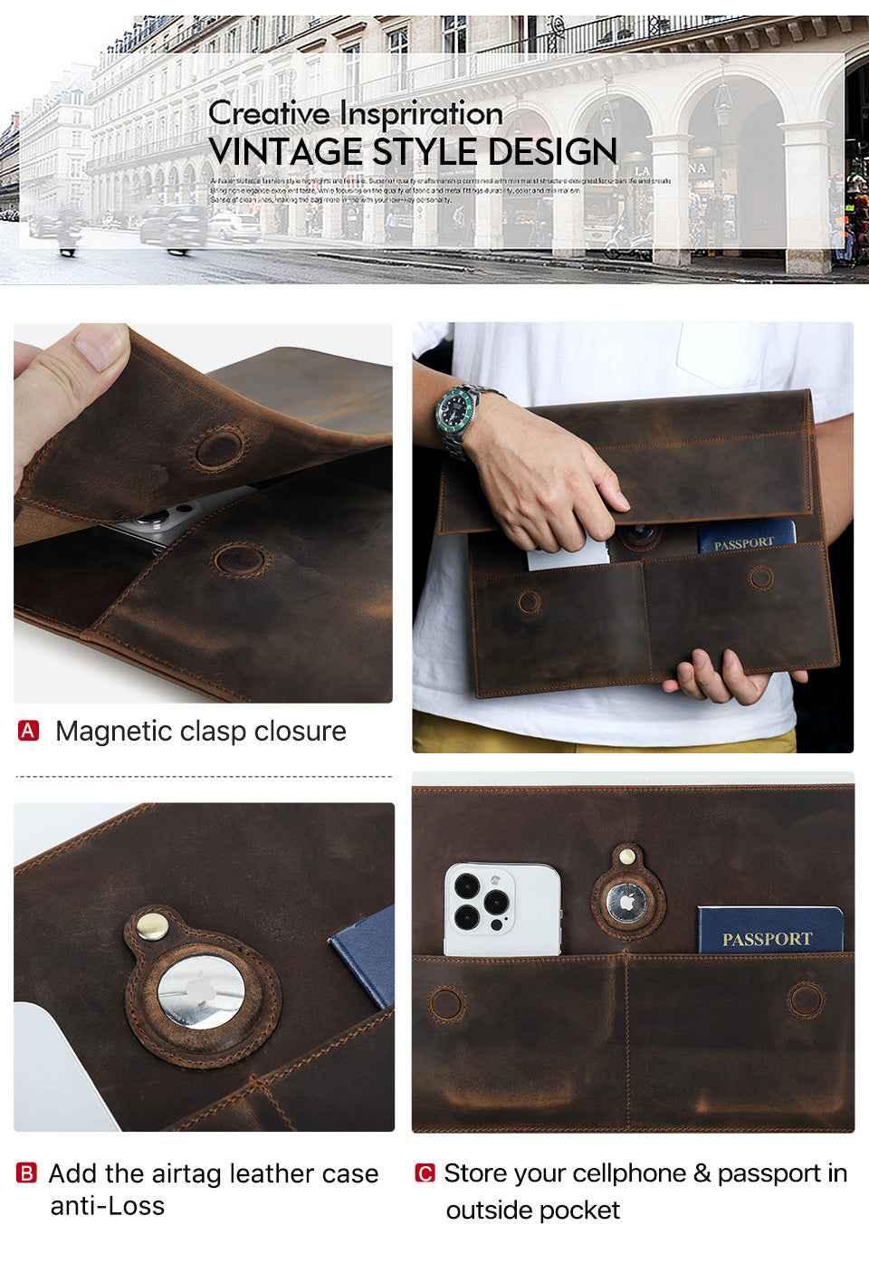 Leather Slim Laptop Sleeve Case 13.3 inch with Airtag Holder