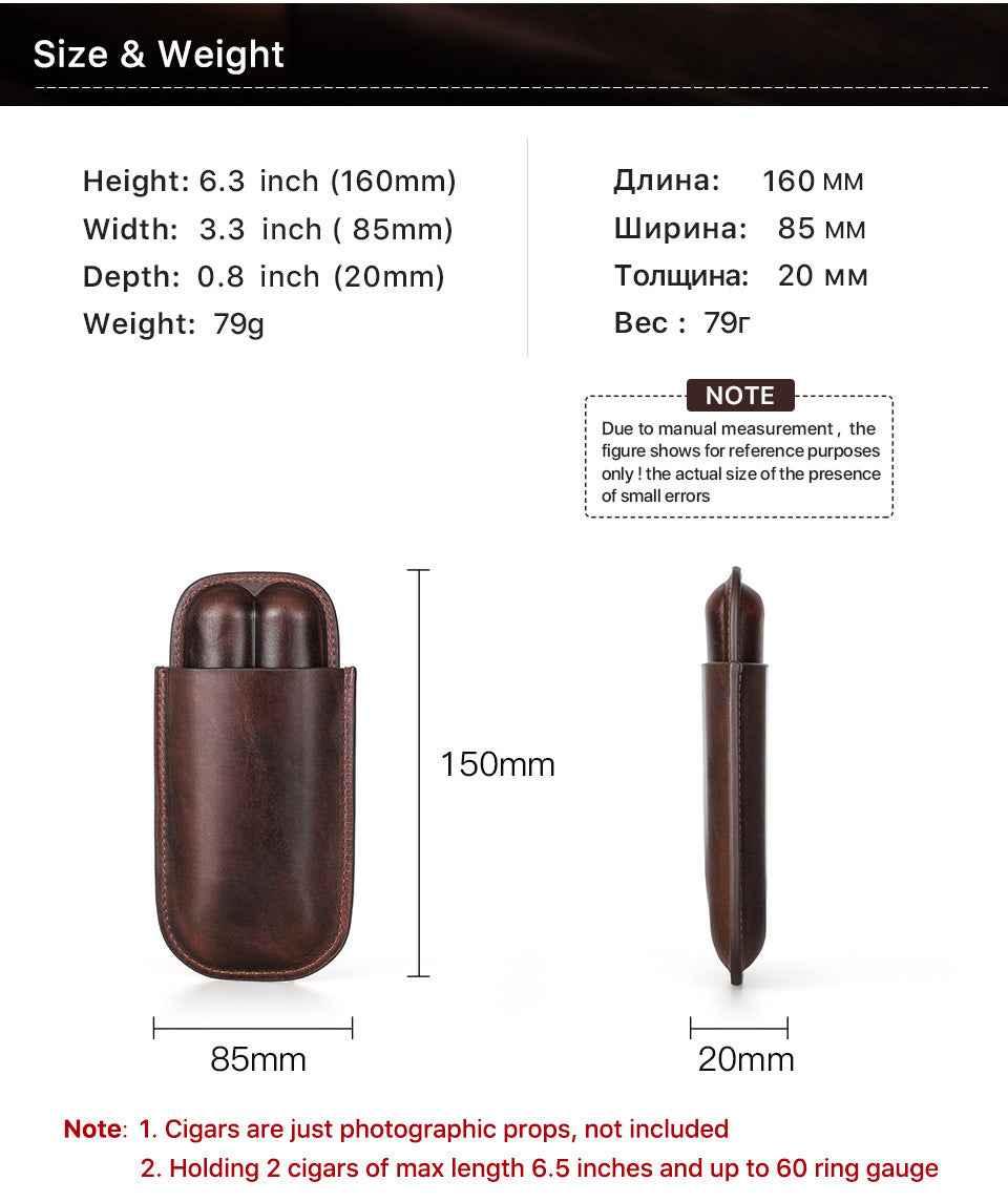 Leather Cigar Case Travel Humidor for 2 Cigars