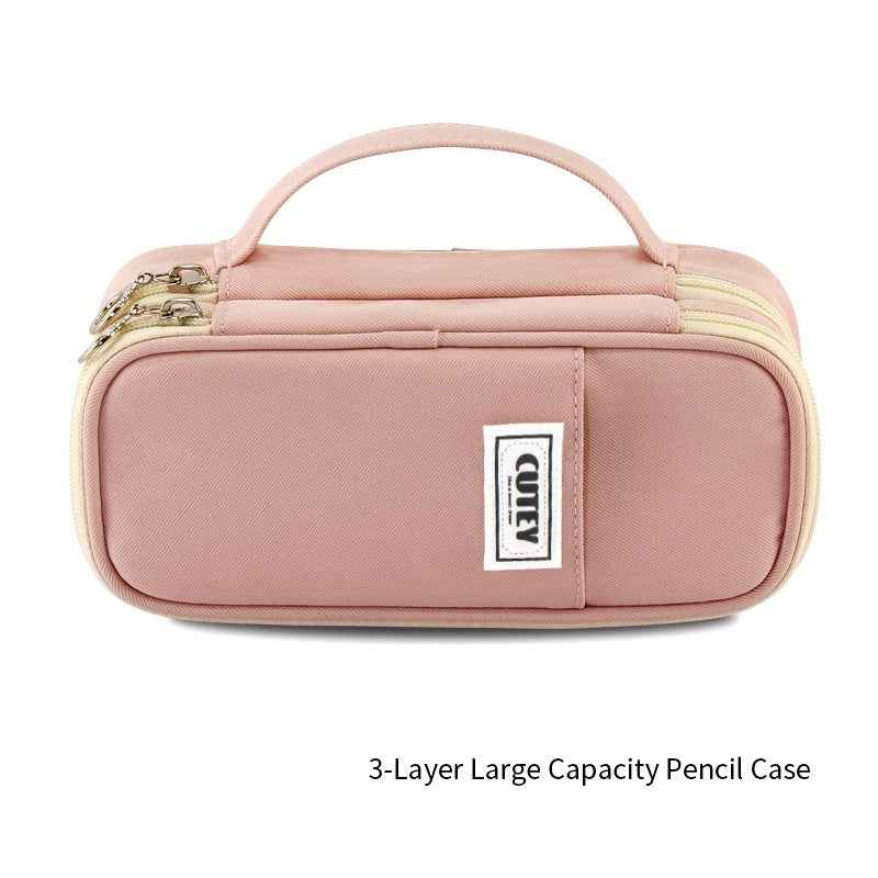 Canvas Minimalist 3-Layer Large Capacity Pencil Case Pink