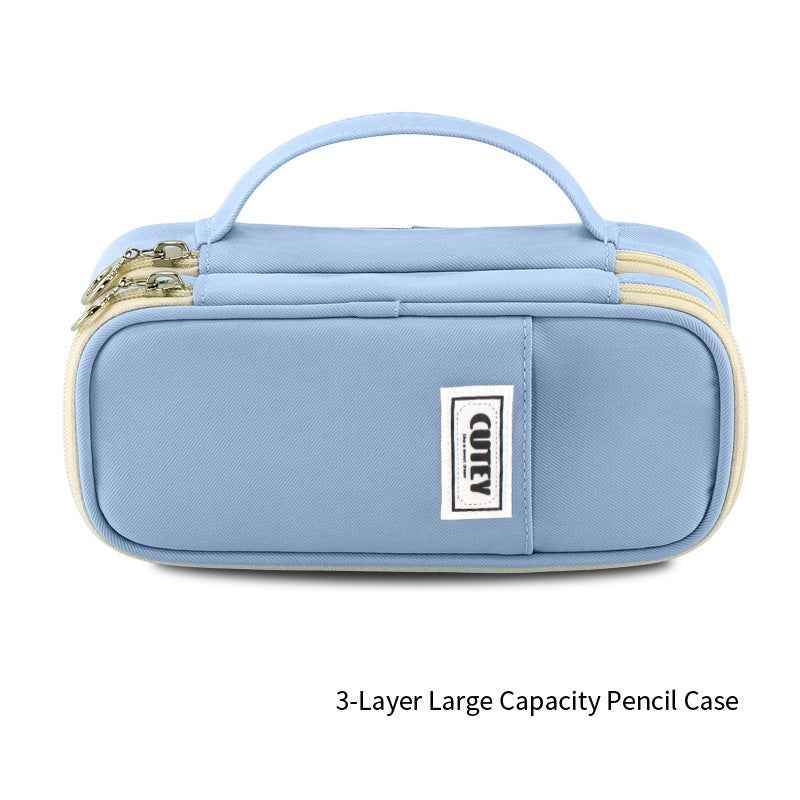 Canvas Minimalist 3-Layer Large Capacity Pencil Case Blue