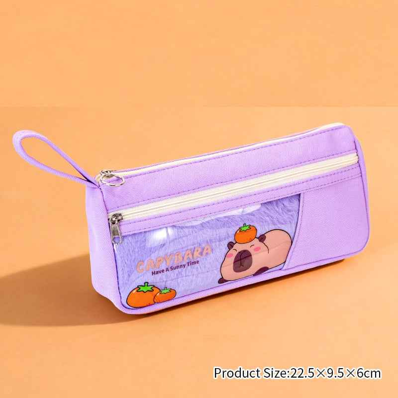 Capybara Clear Multi-Function Pencil Case Student Pen Bag Organizer Purple