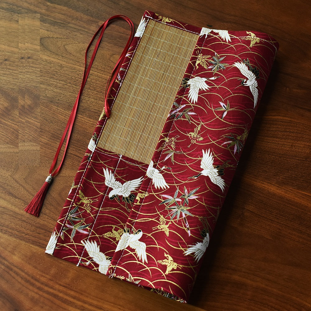 Chinese Japanese Calligraphy Brush Roll 8-Slot Bamboo Brush Holder Crane Red