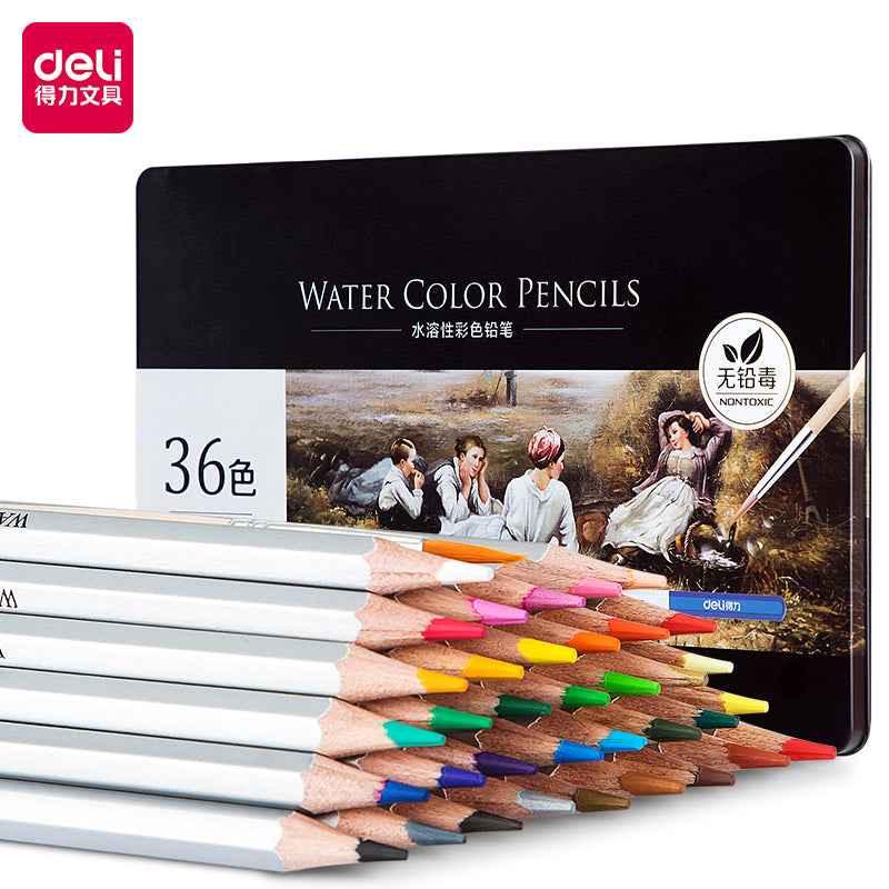 DELI Watercolor Pencils,24/36/48/72 Colors Tin Box with Paint Brush 36 Color